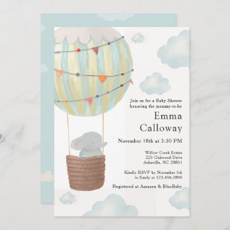 Cute Elephant Hot Air Balloon Baby Shower Invitation