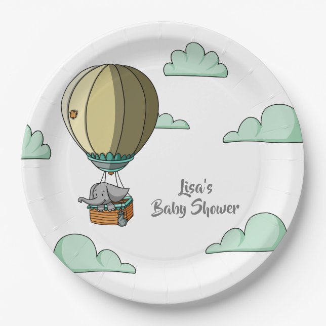 Cute Elephant Hot Air Balloon Baby Shower Paper Plate (Front)