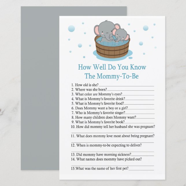 Cute Elephant How well do you know baby showergame (Front/Back)