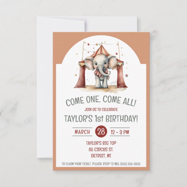 Cute Elephant in a Circus Tent Birthday Party Invitation (Front)