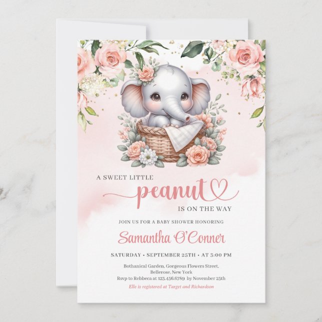 Cute elephant in floral basket boho blush roses  invitation (Front)
