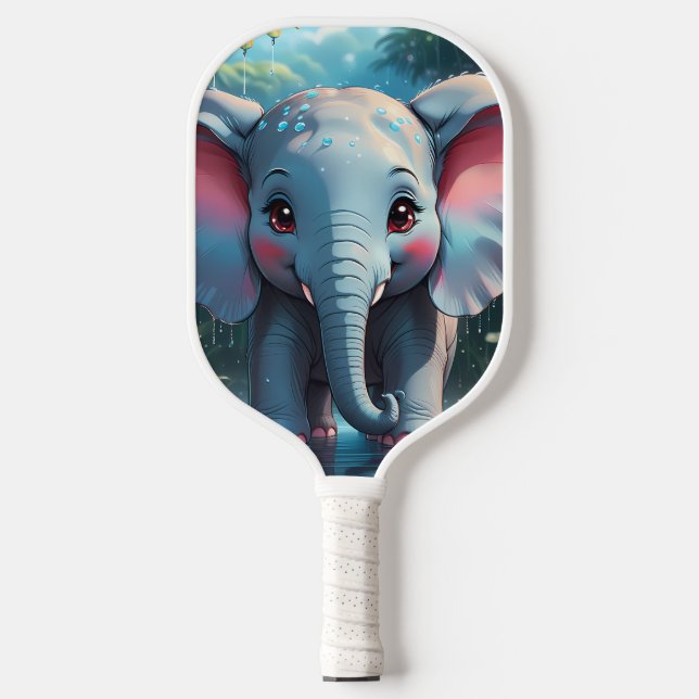 Cute Elephant in the Rain Pickleball Paddle (Front)