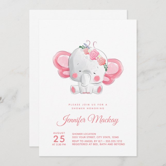Cute Elephant, It's a Girl! Baby Shower Invitation (Front/Back)