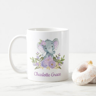 Cute Elephant Lavender Watercolor Floral Peonies Coffee Mug