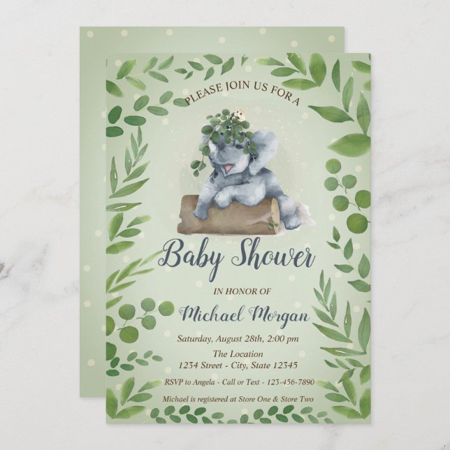 Cute Elephant Leaves, Dots Baby Shower Invitation (Front/Back)