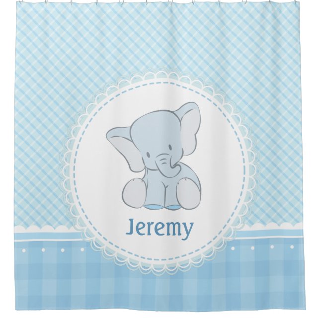 Cute Elephant Light Blue Plaid for Kids Children Shower Curtain (Front)