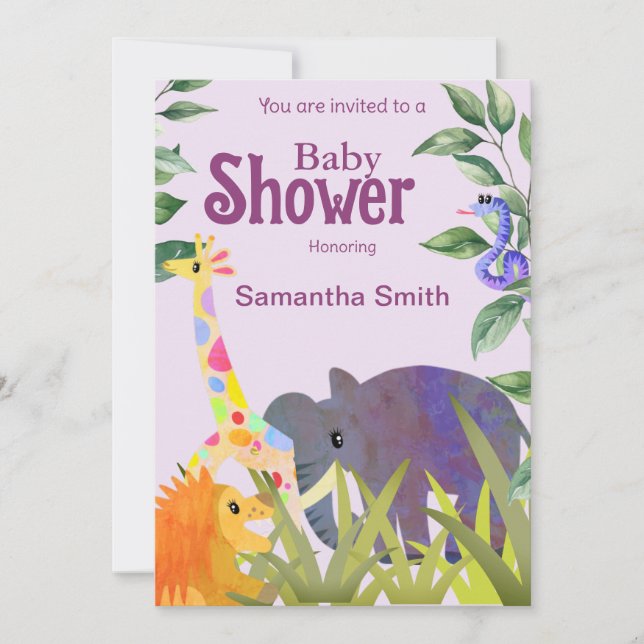Cute Elephant Lion Giraffe Greenery Baby Shower Invitation (Front)