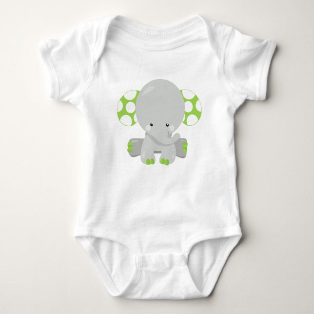 Cute Elephant, Little Elephant - Green Grey Baby Bodysuit (Front)