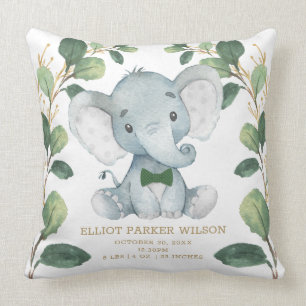 Cute Elephant Little Man Greenery Gold Birth Stats Cushion