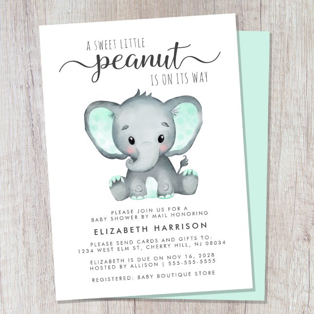 Cute Elephant Mint Baby Shower By Mail Invitation (Cute gender-neutral baby shower by mail invitation)