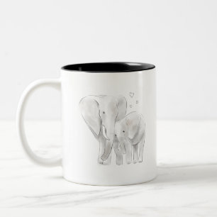 Cute elephant mom and baby sketch watercolour with Two-Tone coffee mug