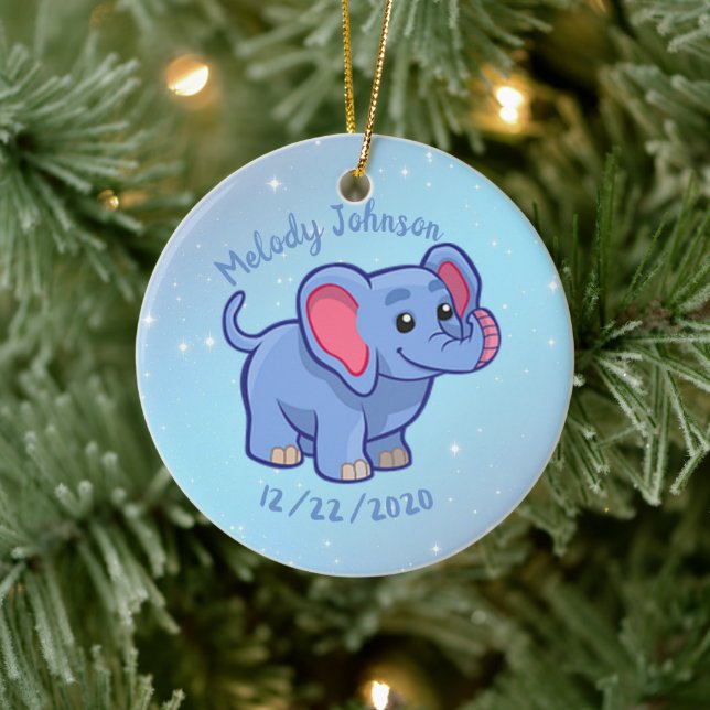 Cute Elephant Monogram Name & B Day Ceramic Tree Decoration (Tree)