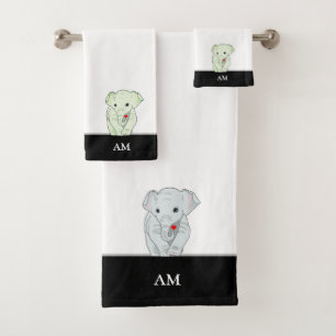 Cute Elephant & Monogram on Black & White Bath Towel Set