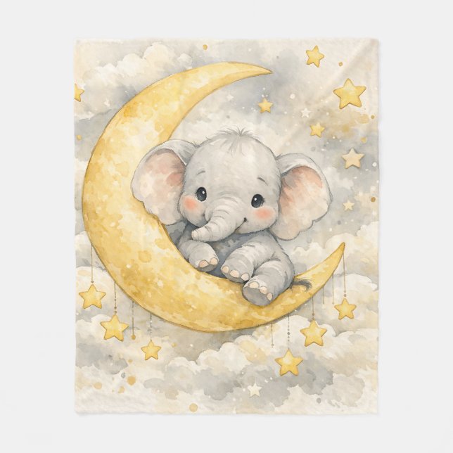 Cute Elephant Moon Nursery Art Fleece Blanket (Front)