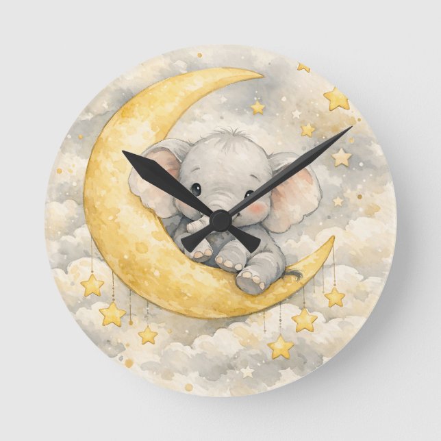 Cute Elephant Moon Nursery Art Round Clock (Front)