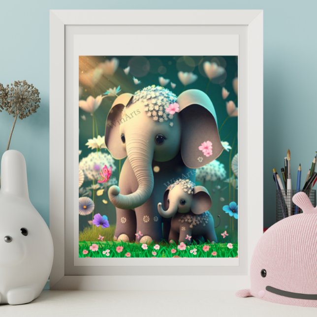 Cute Elephant Mum and Baby Garden of Flowers Art Poster (Creator Uploaded)