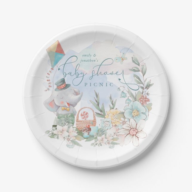 Cute Elephant Nature Boy Floral Baby Shower Picnic Paper Plate (Front)