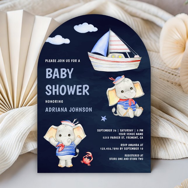 Cute Elephant Nautical Boat Navy Blue Baby Shower Invitation (Creator Uploaded)