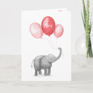 Cute elephant new baby personalised card (pink)