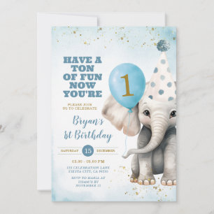 Cute Elephant Now Your One Birthday Balloon Party Invitation