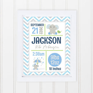 Cute Elephant Nursery Baby Boy Name Birth Stats Poster