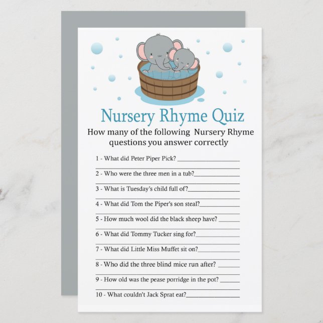 Cute Elephant Nursery Rhyme Quiz baby shower game (Front/Back)