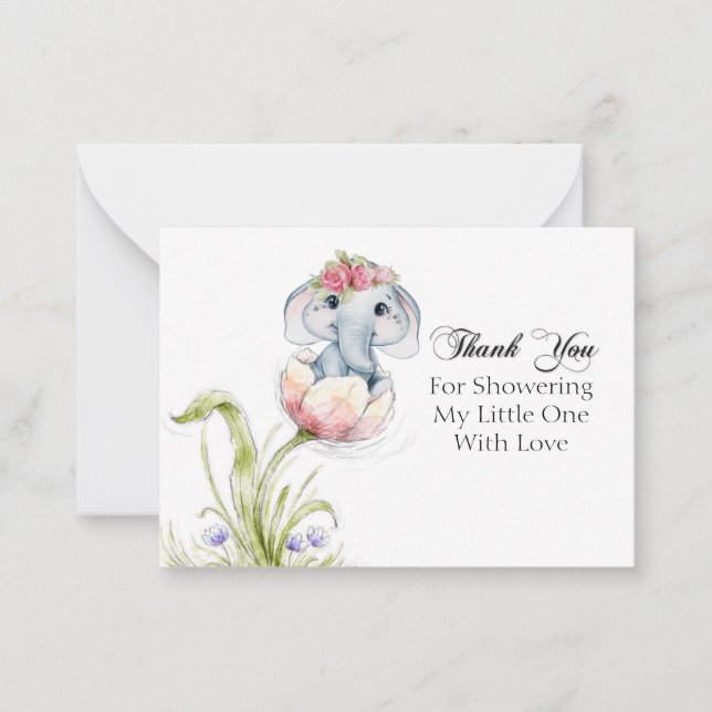 Cute Elephant on Flower Petals Thank You Card (Front)