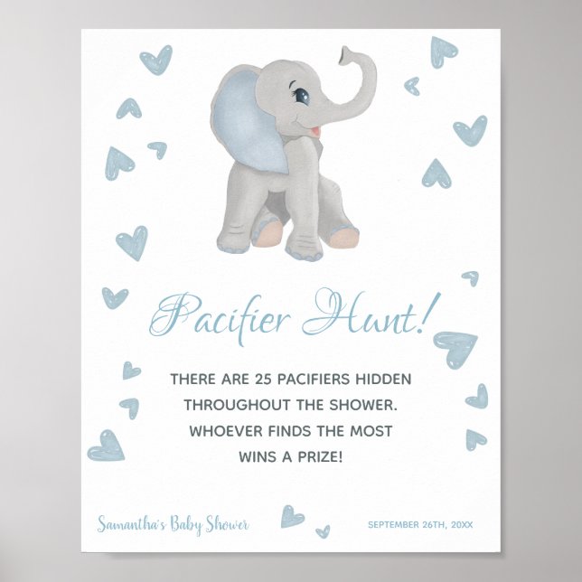 Cute Elephant Pacifier Hunt Game Baby Shower Sign (Front)
