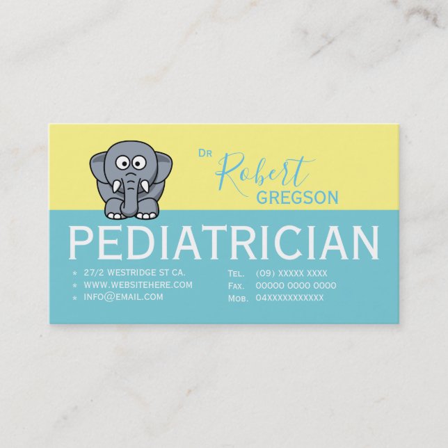 Cute Elephant Paediatrician Appointment Card (Front)