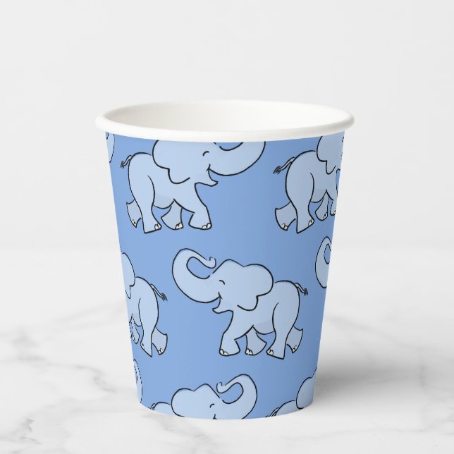 Cute Elephant Pattern Blue Baby Shower Paper Cups (Front)