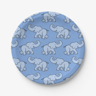 Cute Elephant Pattern Blue Baby Shower Paper Plate