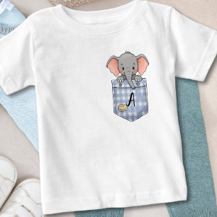 Cute Elephant Peeking from Pocket with initial Baby T-Shirt
