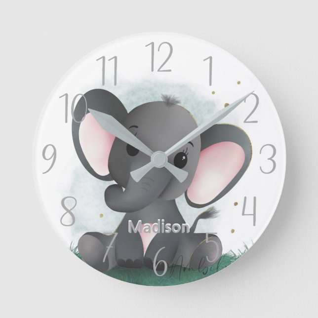 Cute Elephant Personalised Gender Neutral    Round Clock (Front)