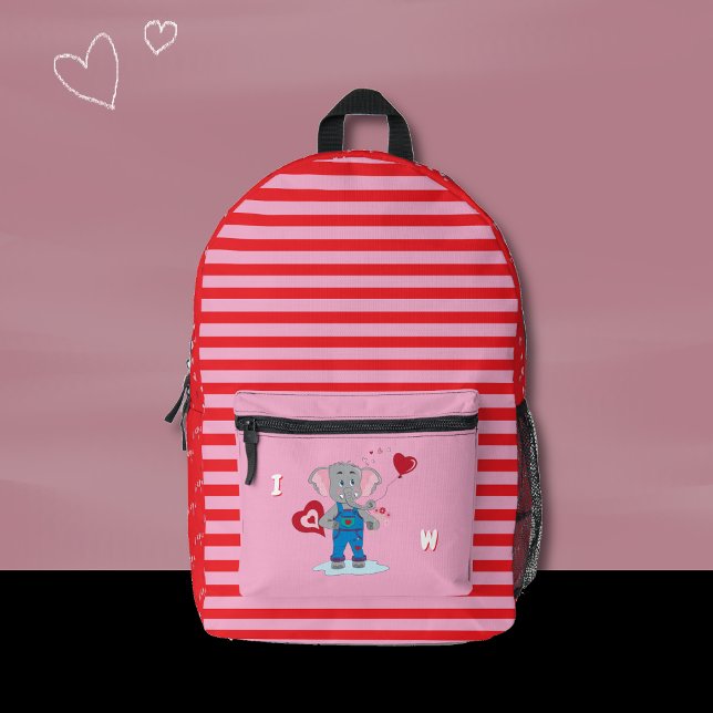 Cute Elephant Pink and Red Kid Monogram Backpack  (Cute pink and red backpack featuring a cartoon elephant , a stripe pattern and some tiny hearts .)
