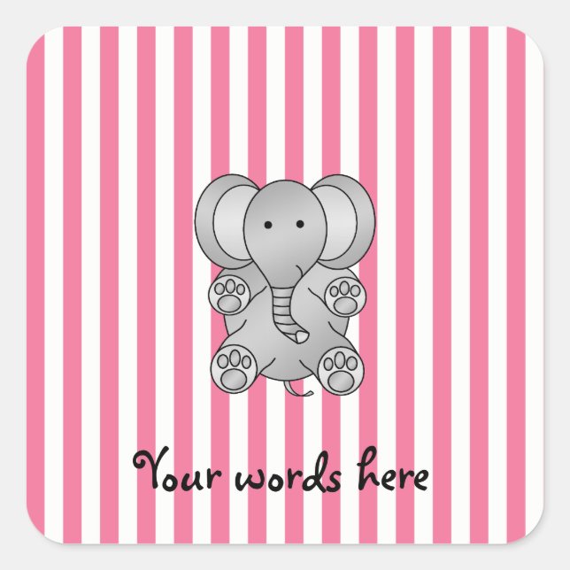 Cute elephant pink and white stripes square sticker (Front)