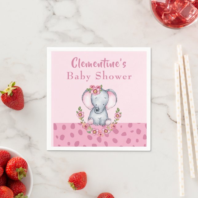 Cute Elephant Pink Animal Print Baby Shower Napkin (Insitu)