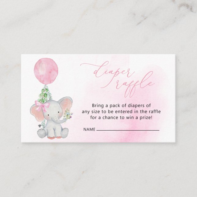 Cute Elephant Pink Baby Shower Diaper Raffle Enclosure Card (Front)