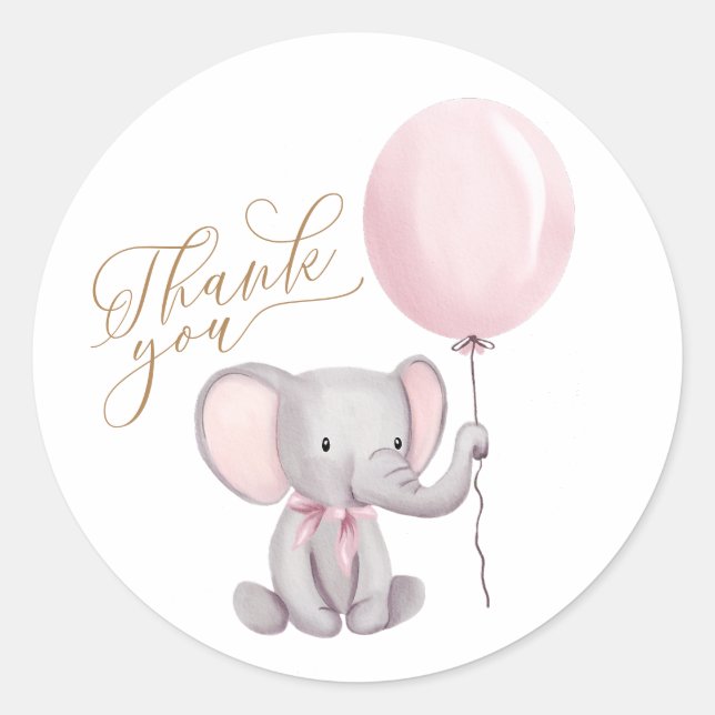 Cute Elephant Pink Balloon Baby Shower Thank You Classic Round Sticker (Front)