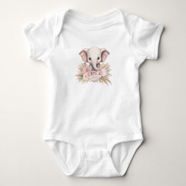 Cute Elephant Pink Boho Girl Baby Shower Bodysuit (Front)