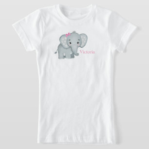 Cute Elephant Pink Bow Name Kids Girls T-Shirt