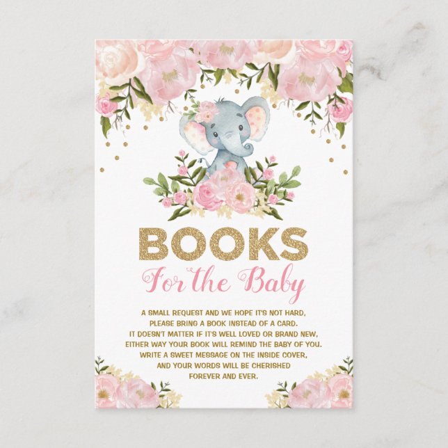 Cute Elephant Pink Floral Baby Girl Book Request Enclosure Card (Front)