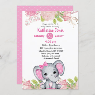 Cute Elephant Pink Floral Baby Shower Invitation