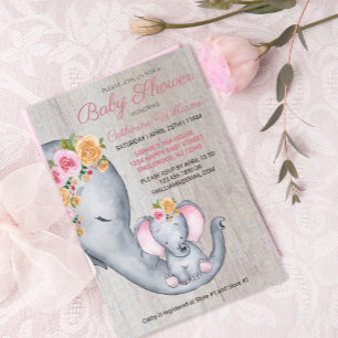 Cute Elephant Pink Floral Baby Shower Invitation
