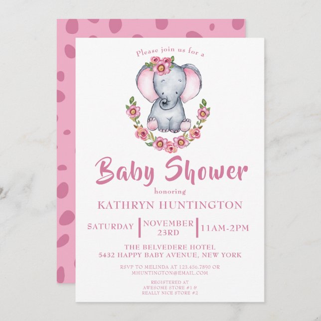 Cute Elephant Pink Floral Baby Shower Invitation (Front/Back)