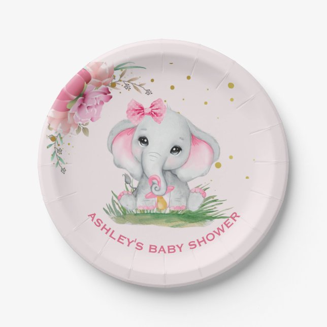 Cute Elephant Pink Floral Baby Shower   Paper Plate (Front)