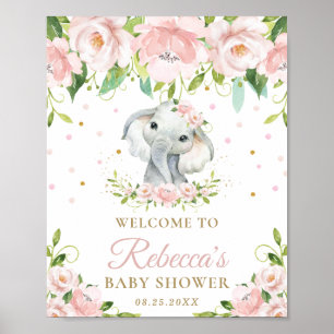 Cute Elephant Pink Floral Baby Shower Welcome Sign