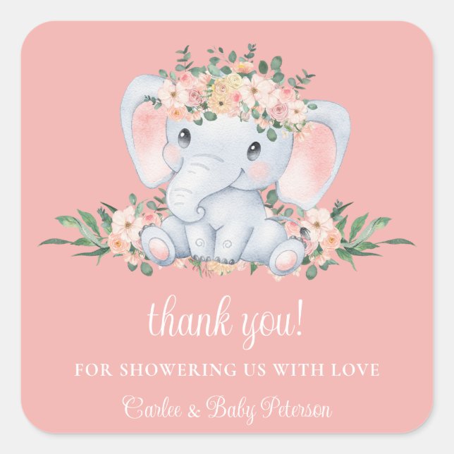 Cute Elephant Pink Floral Girl Baby Shower Square Sticker (Front)