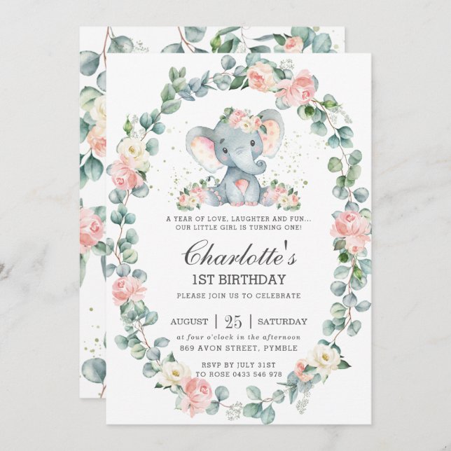 Cute Elephant Pink Floral Greenery 1st Birthday Invitation (Front/Back)