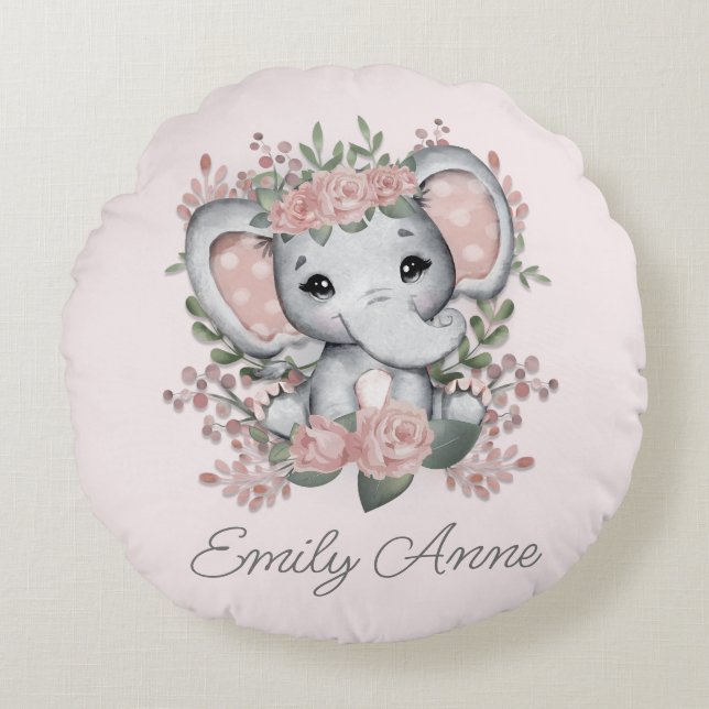 Cute Elephant Pink Floral Polka Dot Child's Name   Round Cushion (Front)