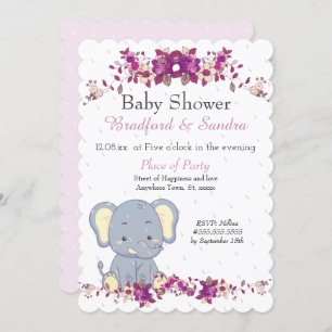 Cute Elephant Pink Floral raindrops Baby Shower Invitation